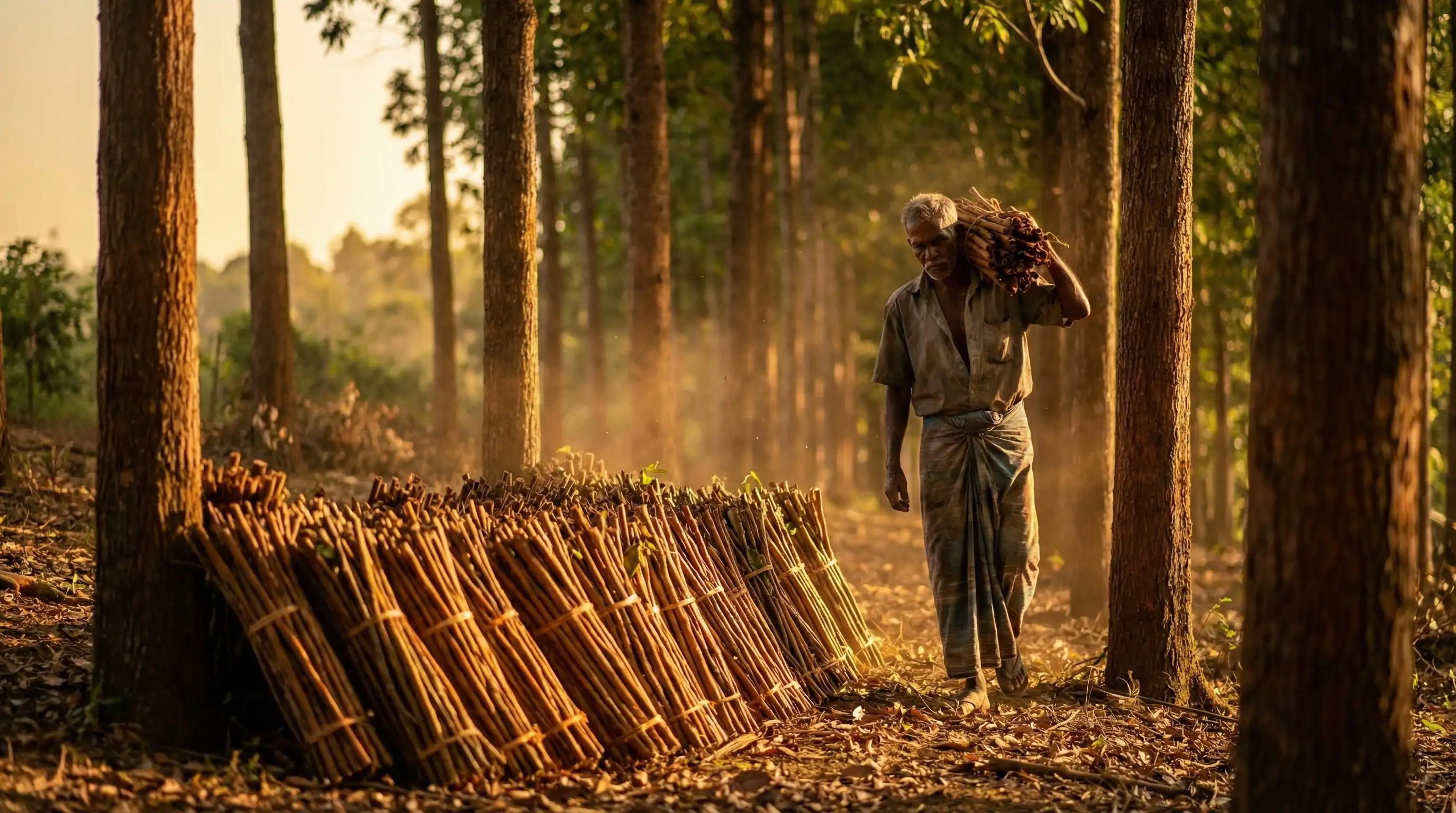 Senior cinnamon farmer carrying a bundle of harvested sticks through a lush Sri Lankan plantation, symbolizing the generational heritage and authentic raw material sourcing behind premium export spices.