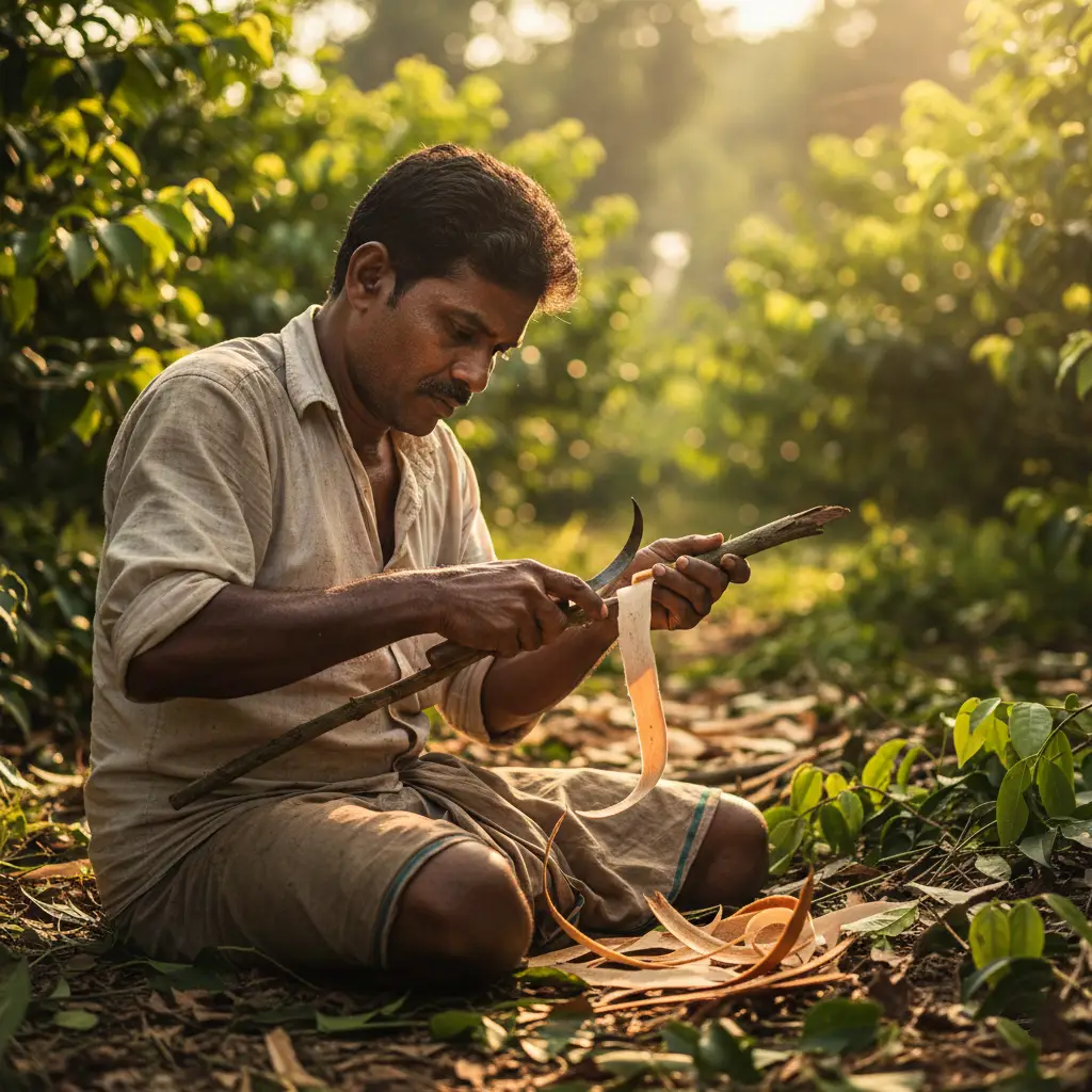 Skilled Sri Lankan cinnamon farmer hand-peeling fresh bark using a traditional curved knife in a lush plantation, illustrating ethical sourcing and the artisanal harvesting process behind premium Ceylon Cinnamon.