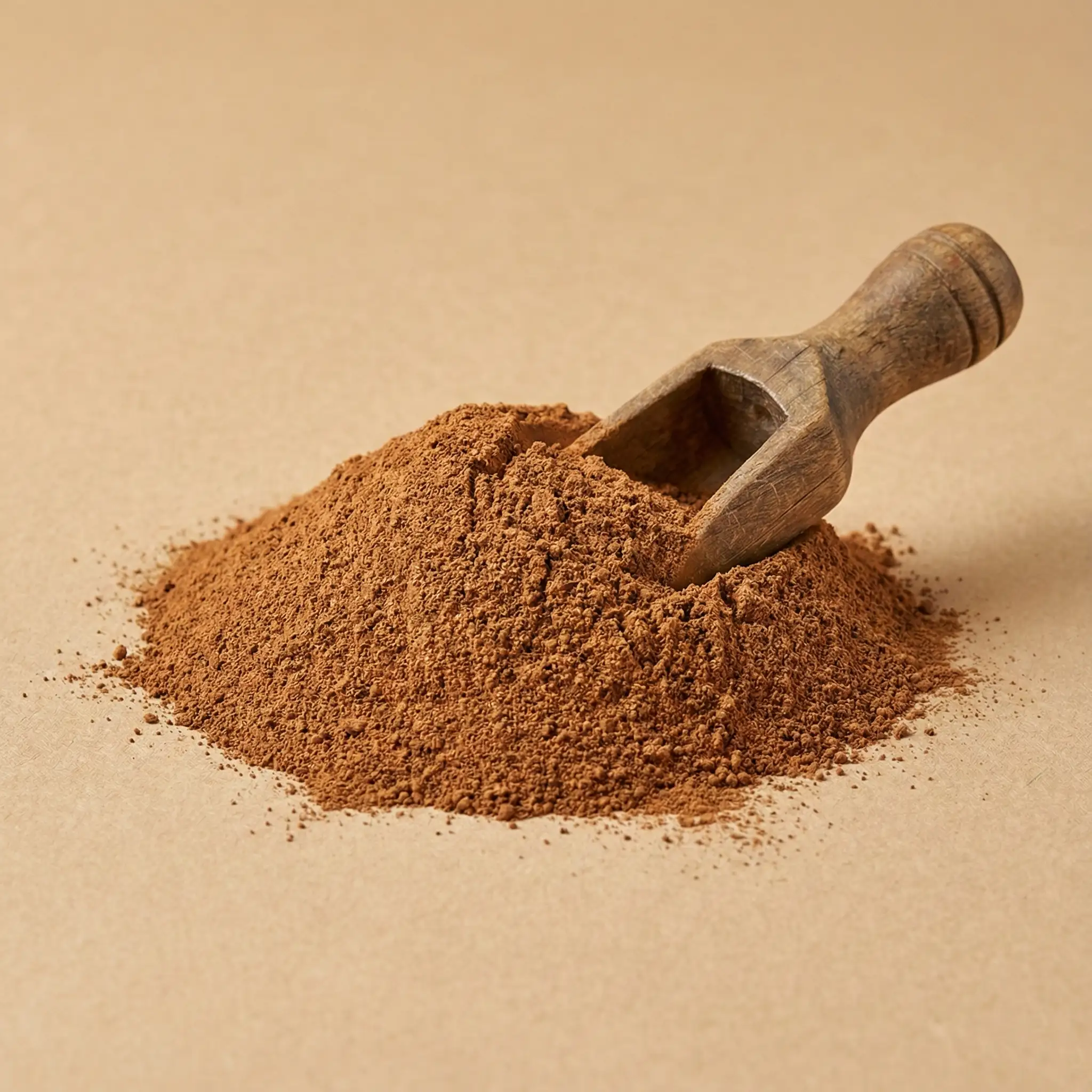Heap of finely ground Premium Ceylon Cinnamon Powder with a rustic wooden scoop, displaying the authentic tan-brown color and consistent fine mesh texture suitable for commercial spice blending, baking, and nutraceutical applications.