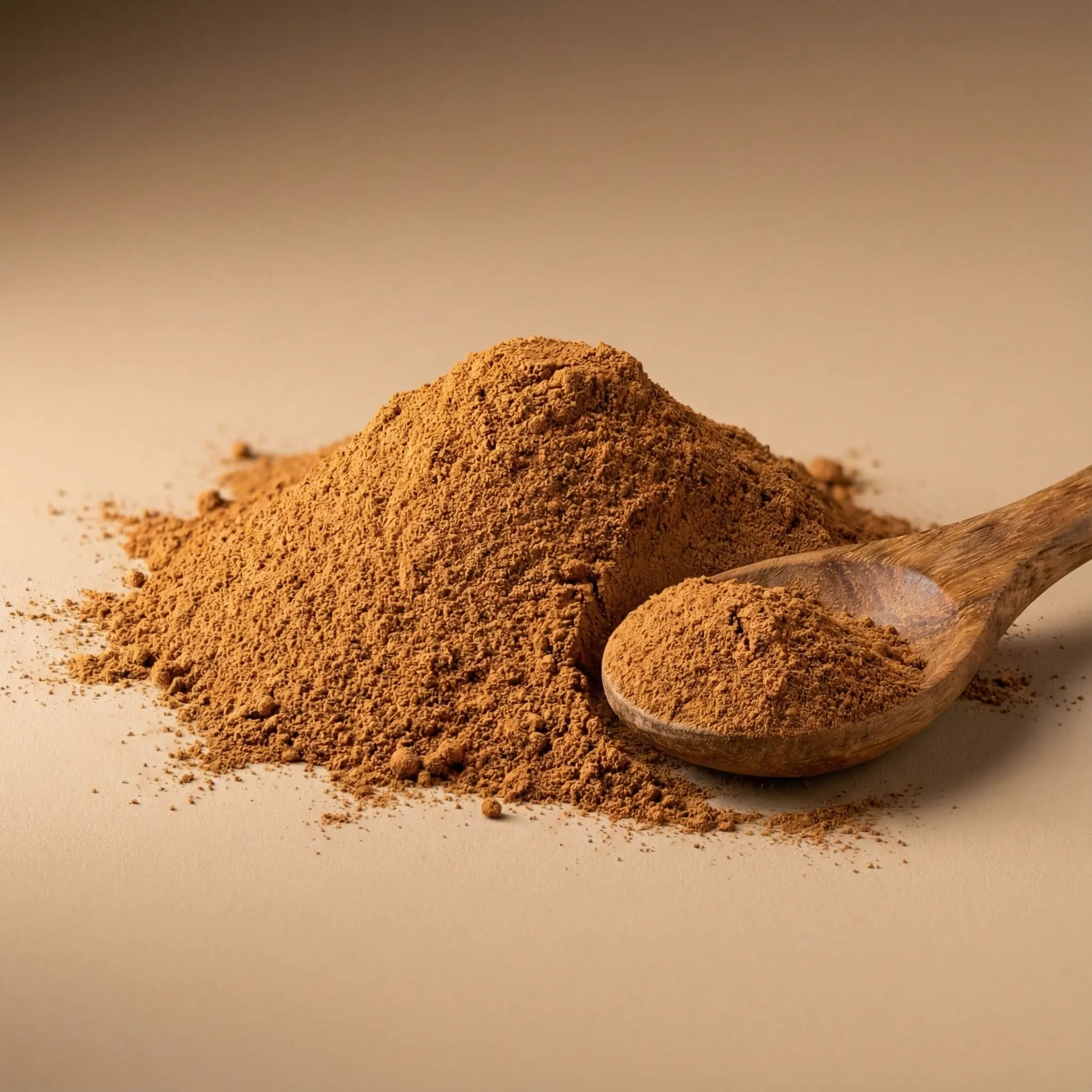 Heap of finely ground Premium Ceylon Cinnamon Powder displayed with a wooden spoon, highlighting the authentic golden-brown hue and ultra-fine mesh texture suitable for commercial baking, spice blending, and food manufacturing.
