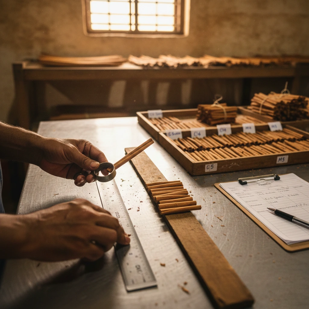 Close-up of a quality control technician using a precision metal gauge to measure the diameter of a Ceylon Cinnamon quill, verifying adherence to specific export grade standards (like the C5/C4 labels visible in the background) before packaging.