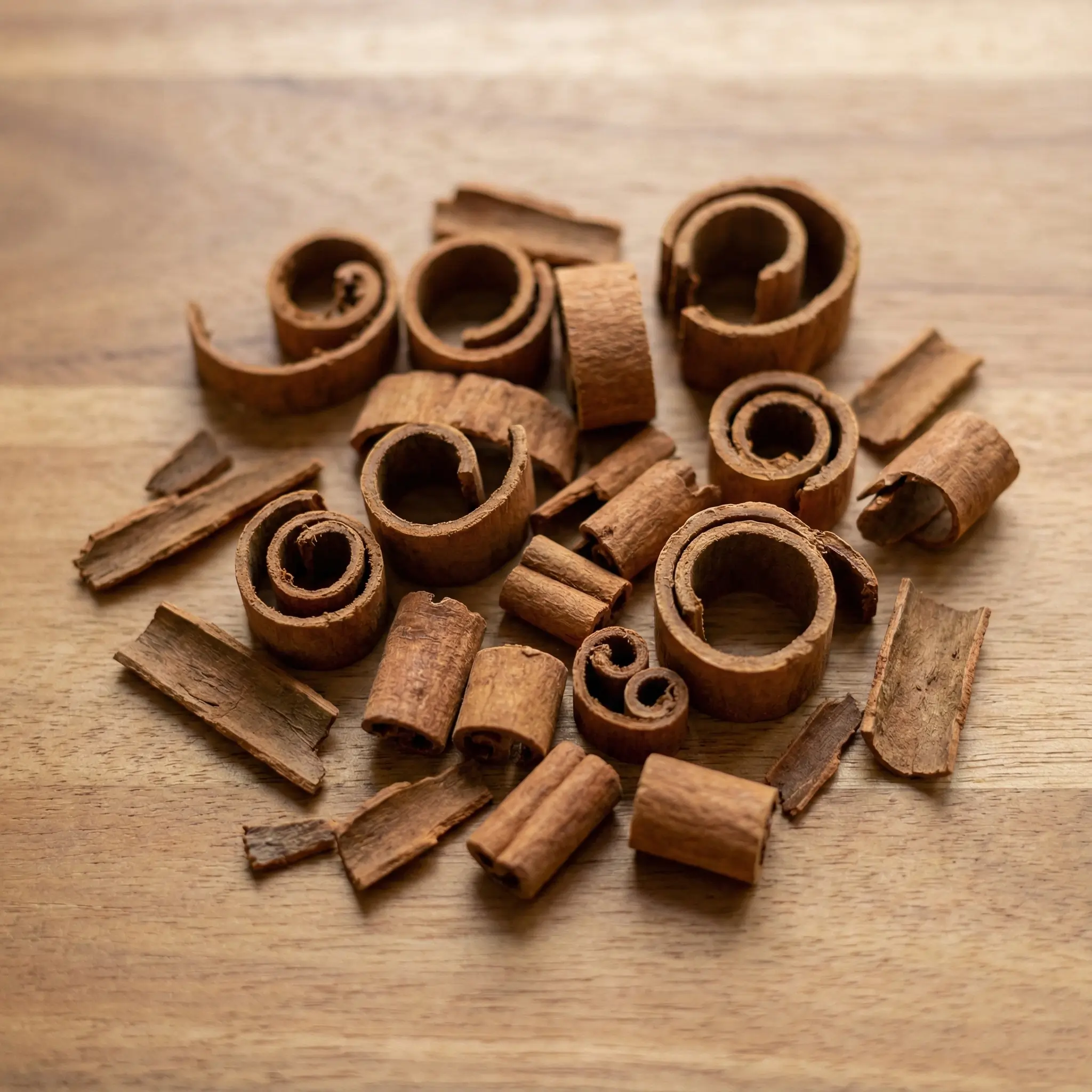Assorted Premium Ceylon Cinnamon Quillings and Chips (Grade 1 Off-Cuts) scattered on a wooden surface, displaying rich bark texture and essential oil content suitable for industrial grinding, tea blending, and oleoresin extraction.
