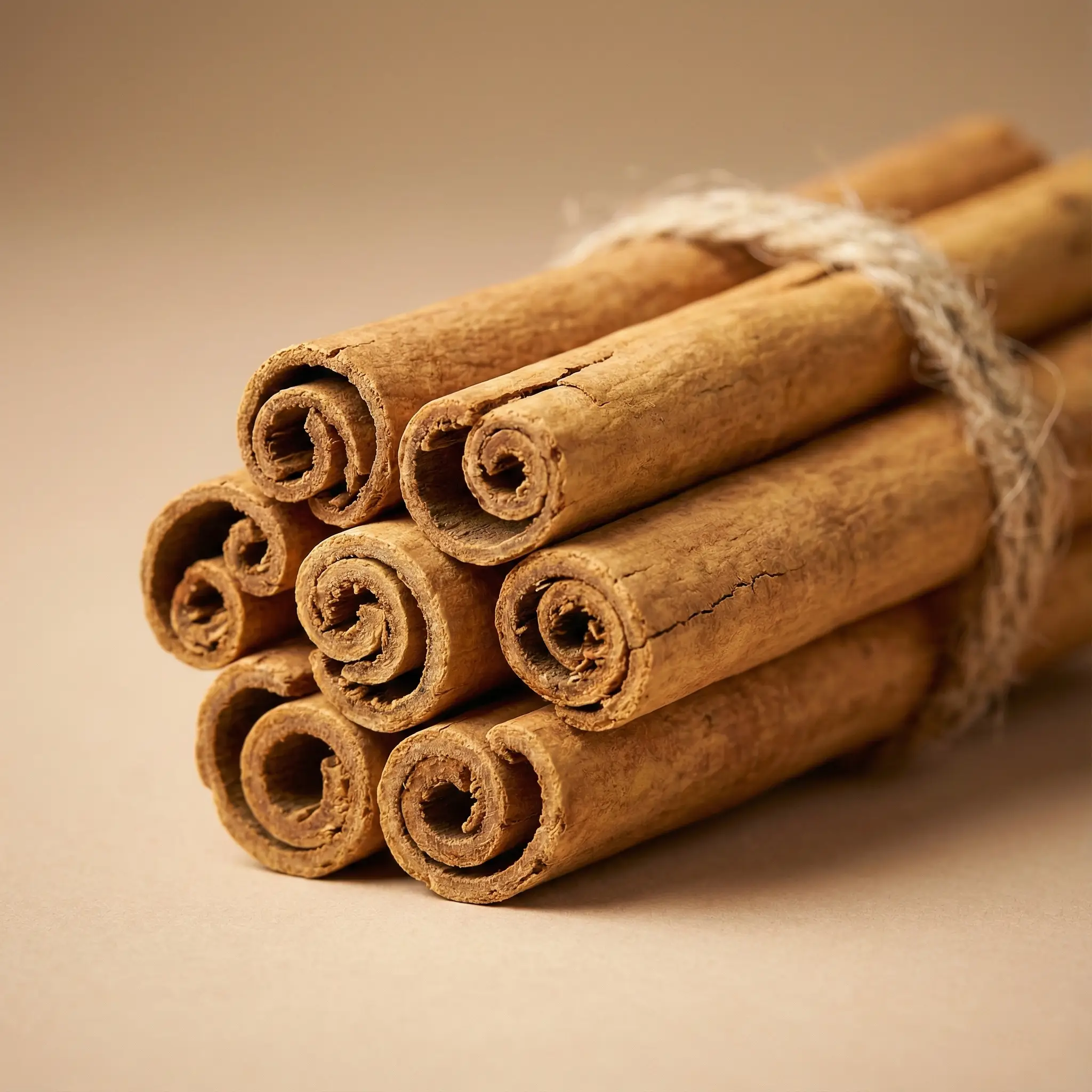 Detailed close-up of a Premium Ceylon Cinnamon Quill bundle (Alba/C5 Grade) tied with natural twine, displaying the signature multi-layered thin bark and tan-brown color of authentic Sri Lankan export spice.