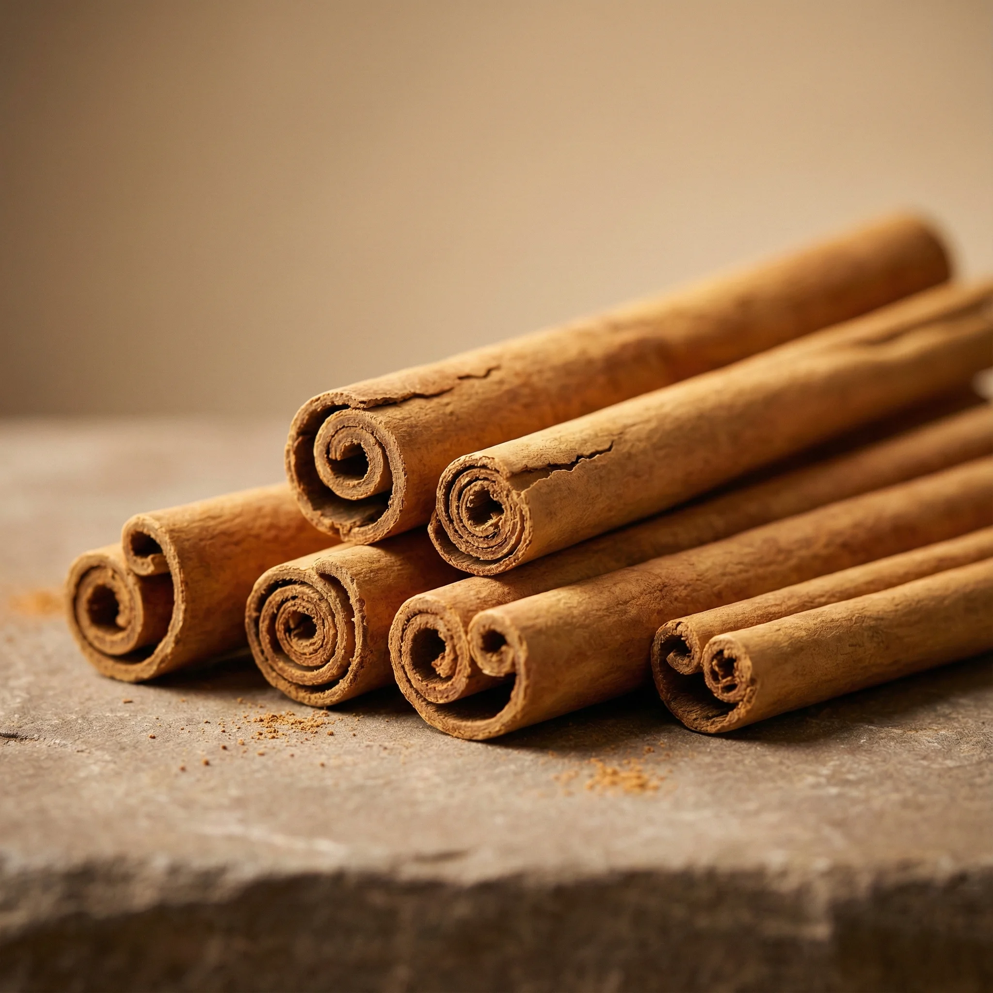 Macro cross-section view of stacked Premium Ceylon Cinnamon Quills, clearly displaying the signature multi-layered thin bark structure ('cigar roll' effect) and tan color that distinguishes authentic Cinnamomum zeylanicum from Cassia.
