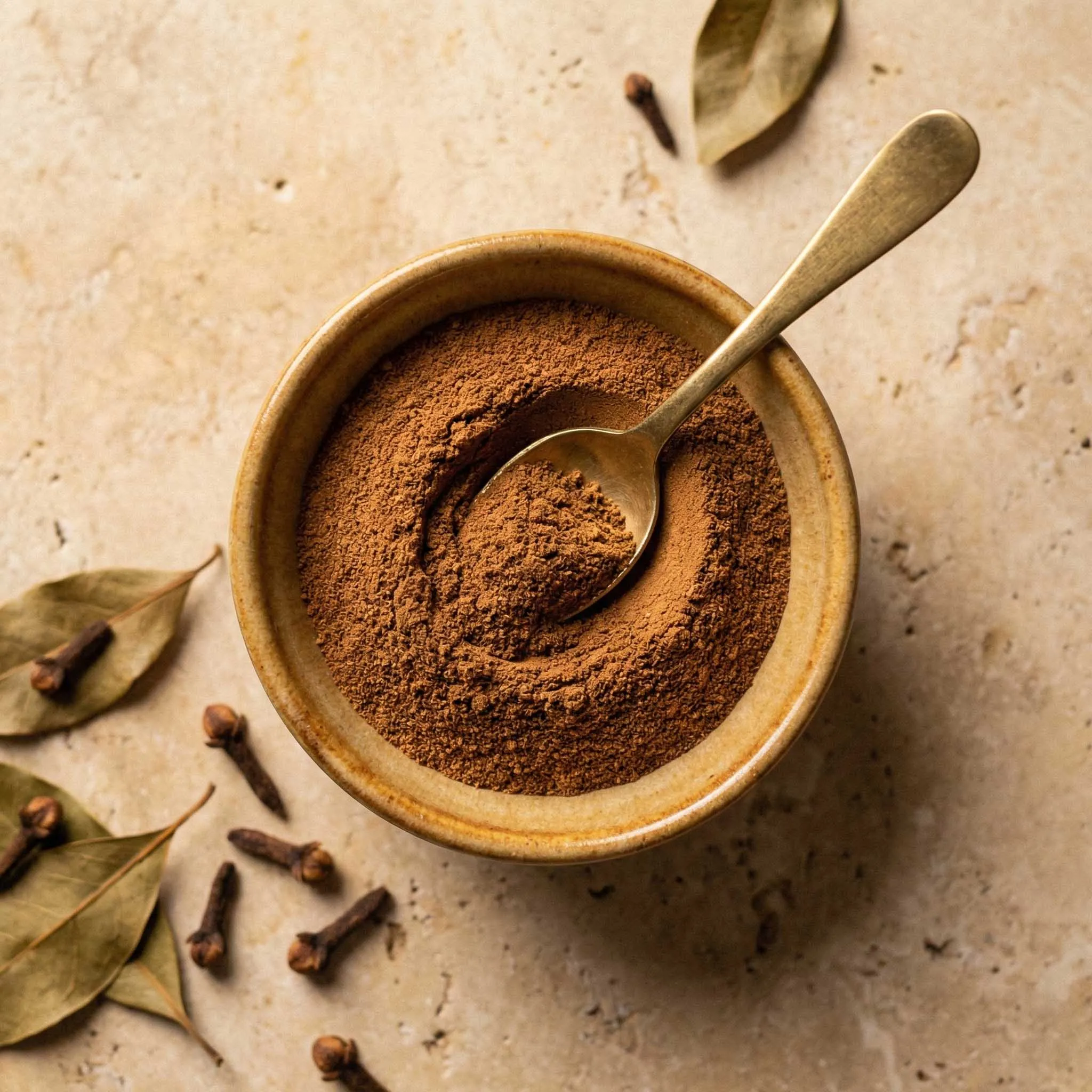 A top-down photograph captures a rustic ceramic bowl filled with fine, reddish-brown clove powder, with a small brass spoon resting in it. The bowl sits on a textured, light beige stone surface, scattered with several whole cloves and dried bay leaves. Warm, natural light illuminates the scene.