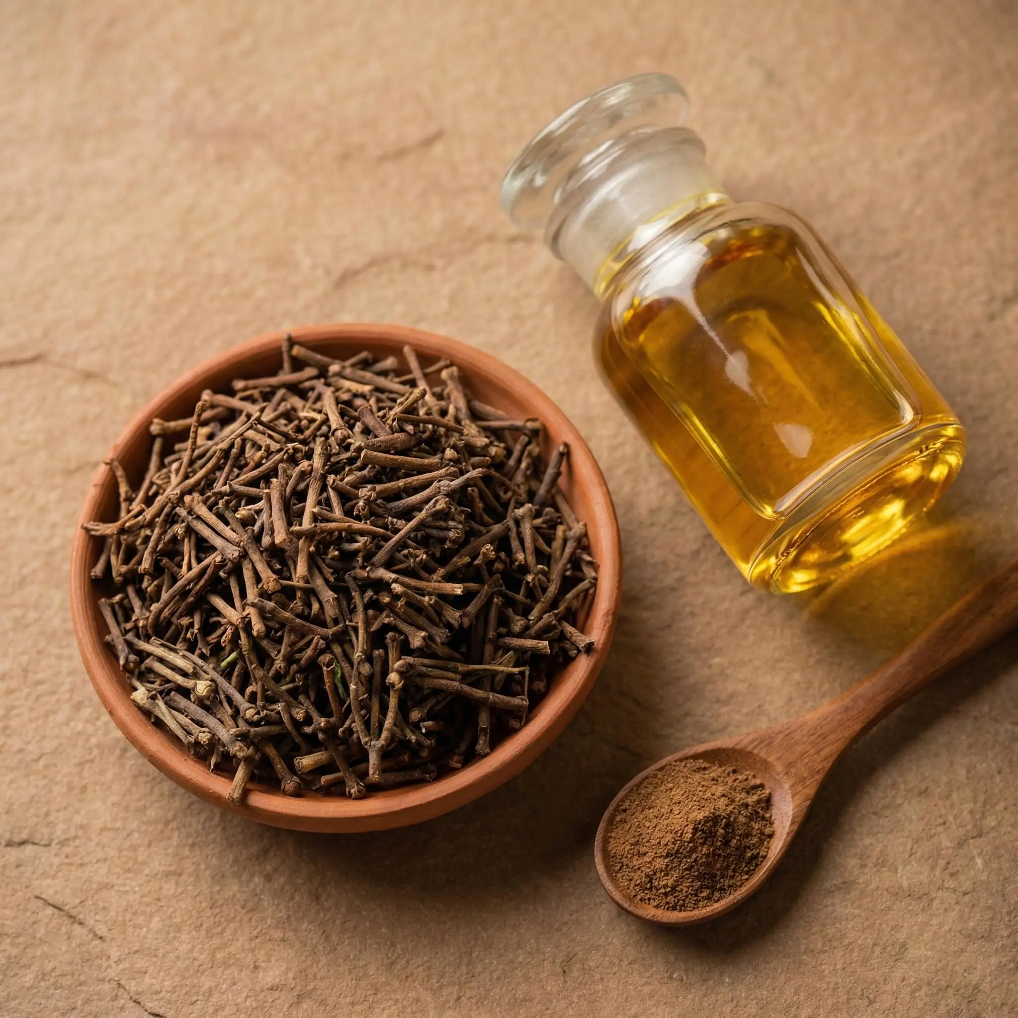 A top-down, close-up shot features a small, rustic terracotta bowl overflowing with dried brown clove stems, set against a textured, warm beige stone background. To the right of the bowl sits a small, clear glass apothecary jar filled with golden clove oil, catching the light. Below the jar, a wooden spoon rests on the surface, holding a heap of fine, brown clove powder. The lighting is soft and cinematic, highlighting the textures of the stems and the powder.