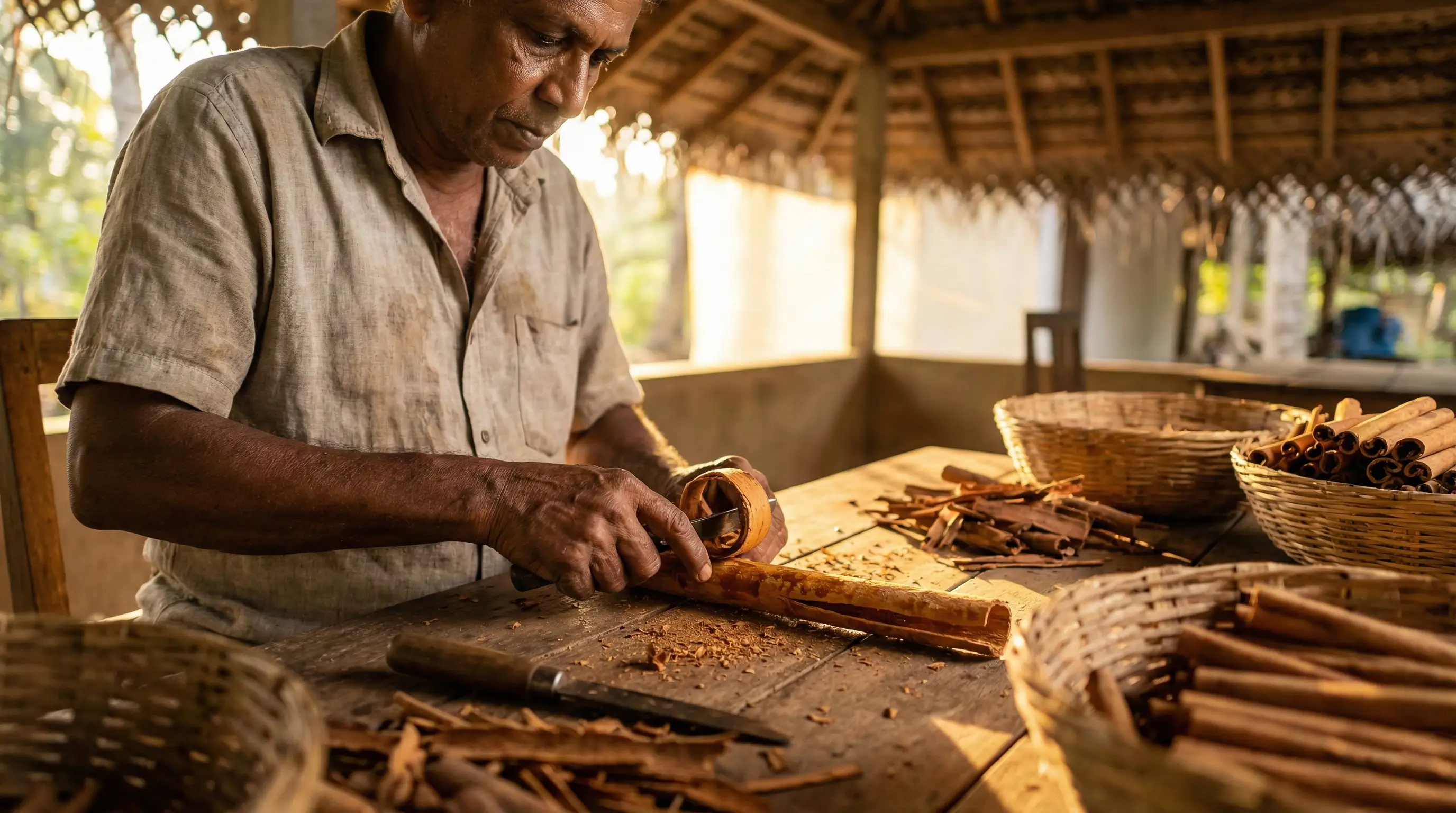 Senior Sri Lankan craftsman hand-peeling cinnamon bark with traditional tools, demonstrating the generational expertise and labor-intensive manual processing standards used to produce authentic, high-grade Ceylon Cinnamon for export.