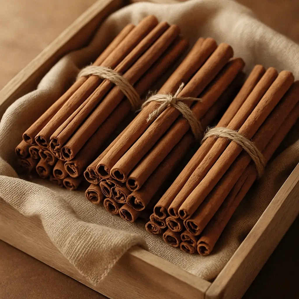Three hand-tied bundles of Premium Ceylon Cinnamon Quills arranged in a lined presentation crate, visualizing a high-quality buyer sample kit ready for international dispatch and quality inspection