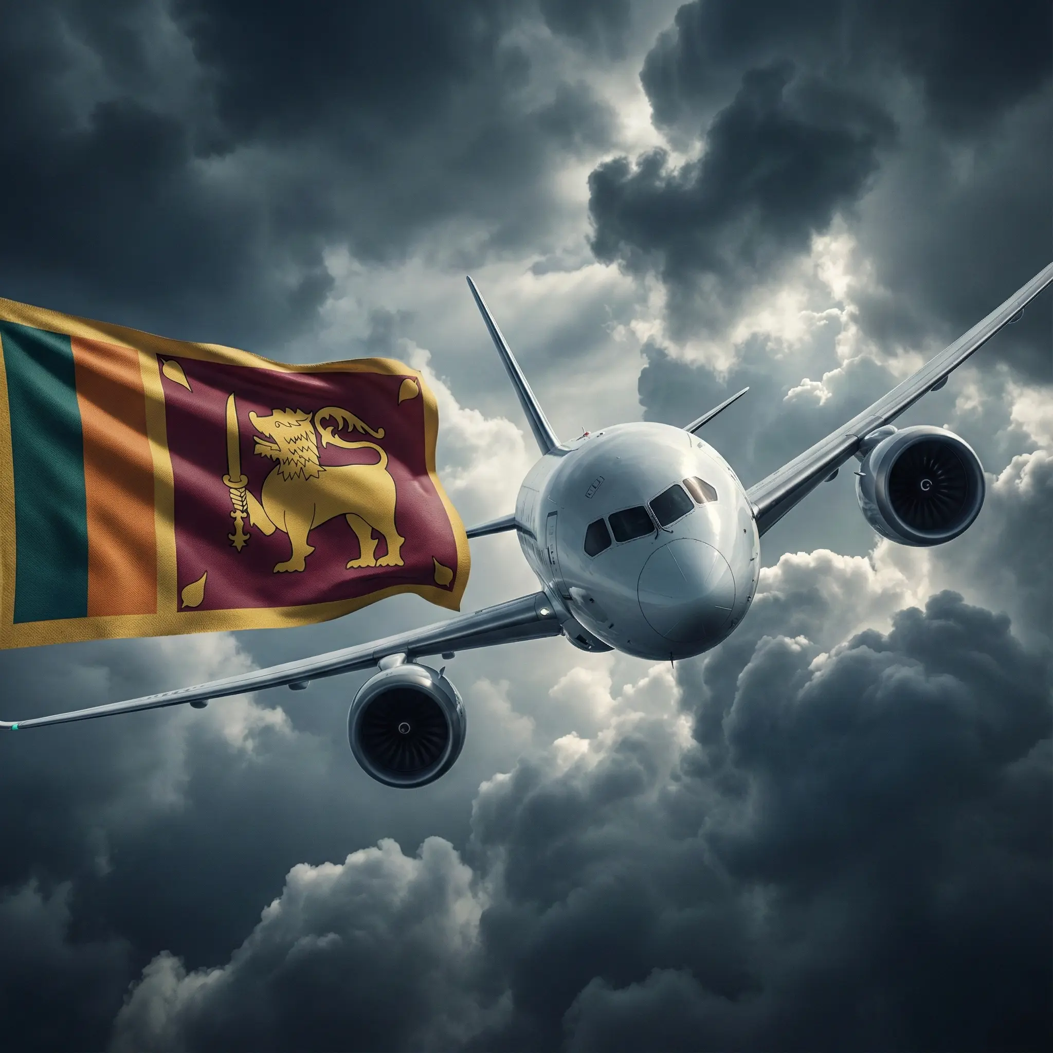 Commercial airliner in flight next to the waving Sri Lankan flag against dramatic clouds, symbolizing global export logistics and reliable international air freight for Ceylon Cinnamon shipments from Sri Lanka.