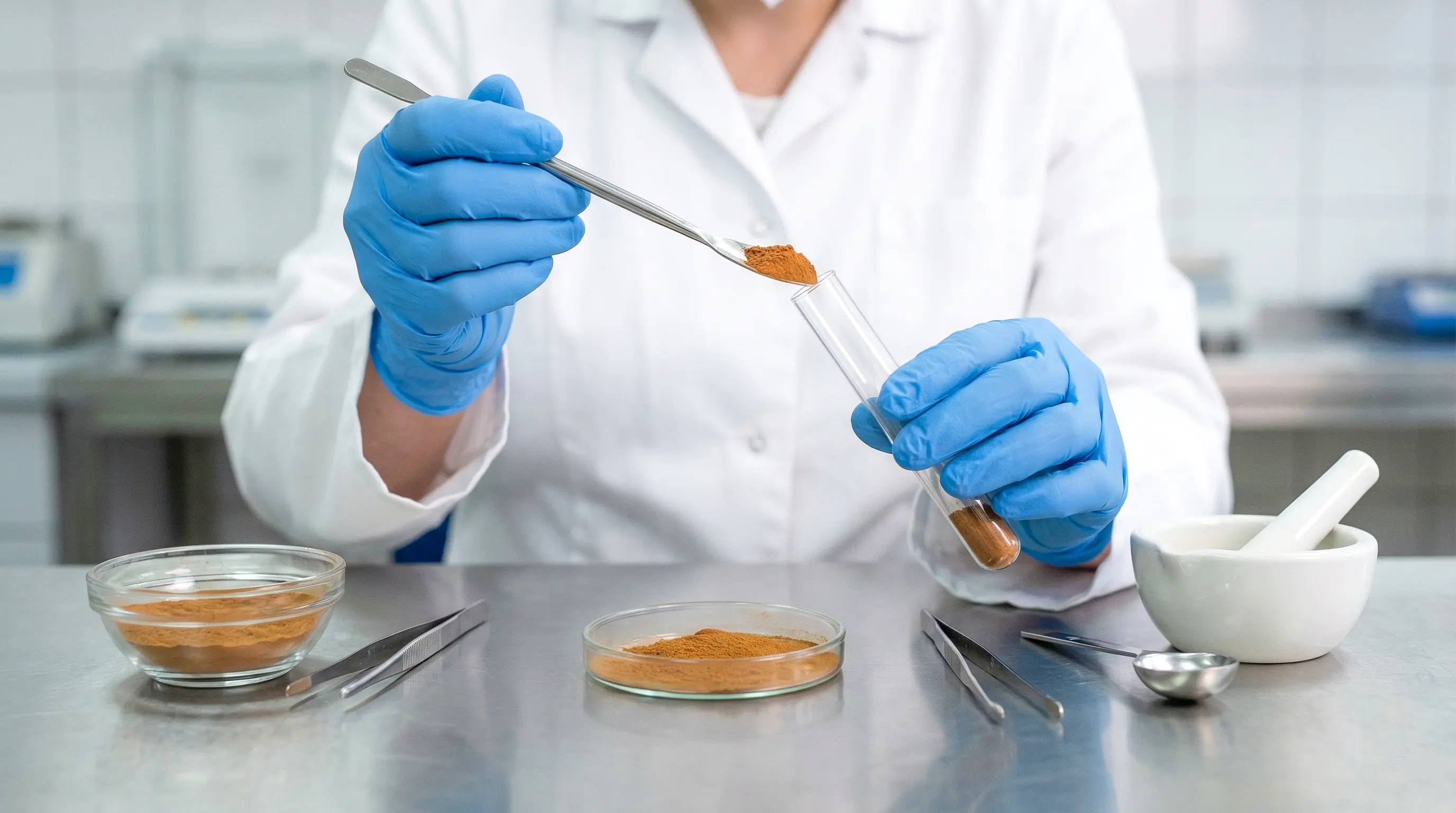 Close-up of a quality assurance technician in a sterile lab environment conducting purity and microbial testing on Premium Ceylon Cinnamon Powder samples using a test tube and spatula, demonstrating strict adherence to international food safety and export standards.