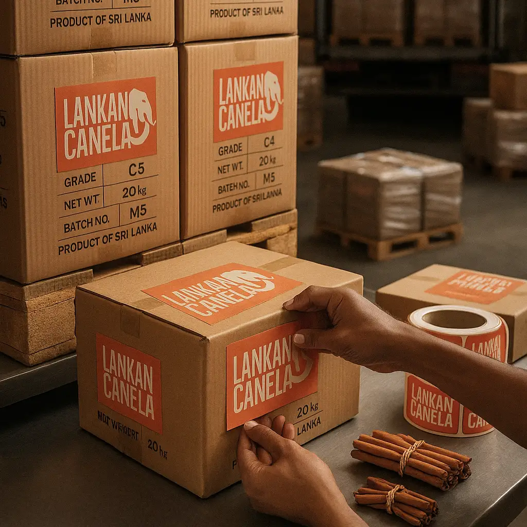 Close-up of a Lankan Canela staff member applying a branded export label to a 20kg bulk carton of Grade C5 Ceylon Cinnamon, which is placed on a weighing scale in a warehouse setting with palletized stock in the background, demonstrating final quality checks and export readiness.