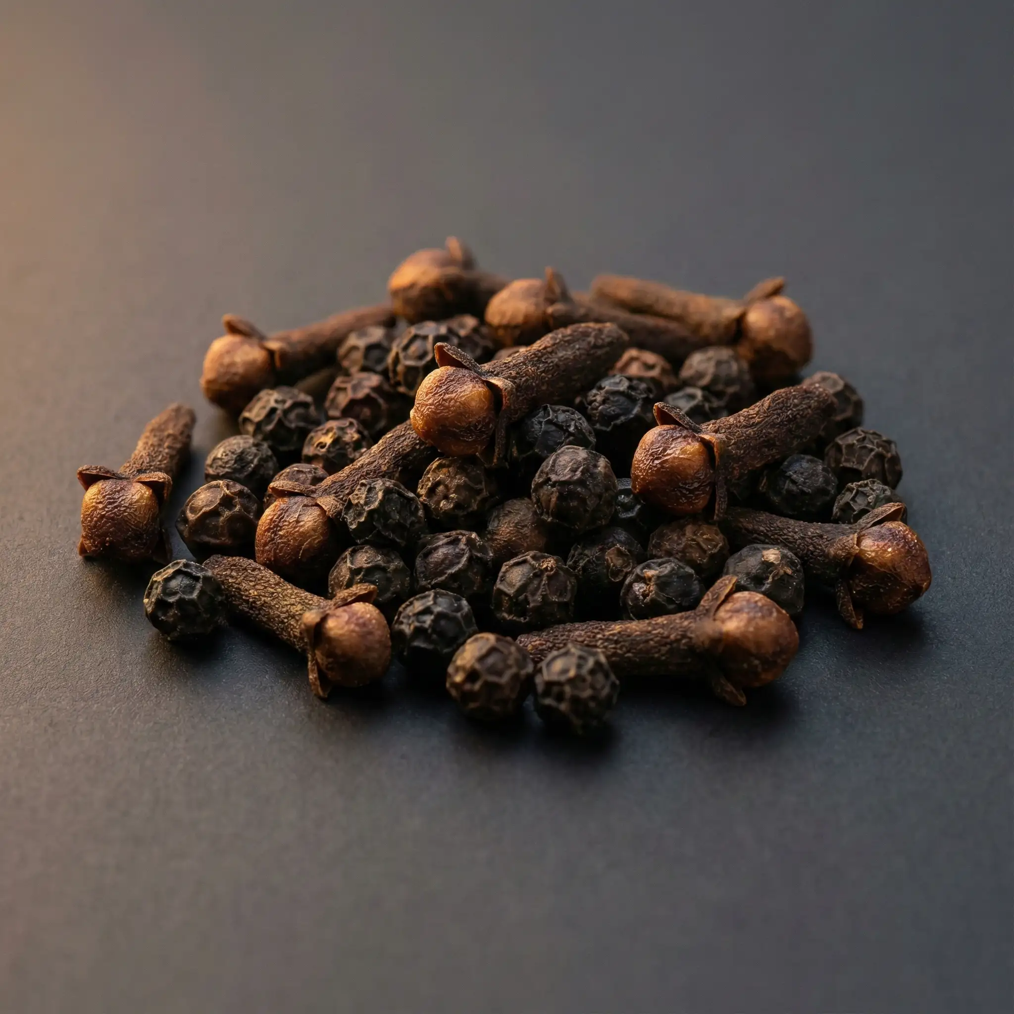 Close-up assortment of Premium Ceylon Black Peppercorns mixed with Whole Cloves, showcasing the distinct wrinkled texture and high essential oil content of hand-picked Sri Lankan export spices.