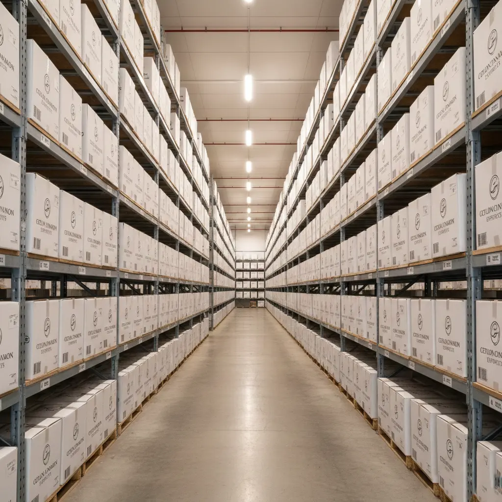 nterior view of a modern high-capacity export warehouse aisle, featuring floor-to-ceiling shelving stacked with palletized white cartons, demonstrating bulk inventory readiness and hygienic storage standards for Ceylon Cinnamon global distribution
