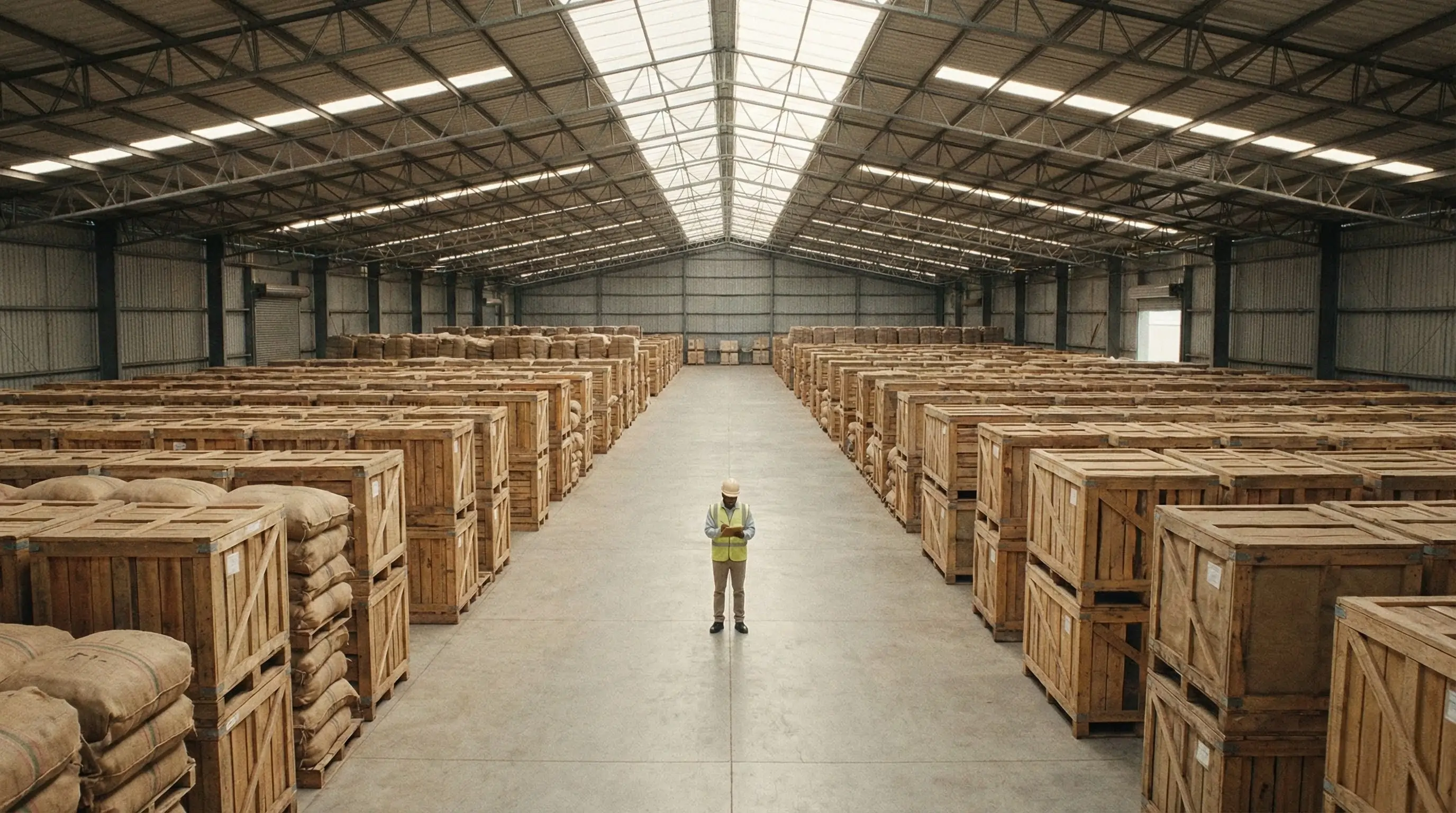 Wide-angle view of a massive raw material warehouse facility featuring rows of stacked wooden bulk crates and jute sacks, with a logistics manager conducting inventory checks, demonstrating high-volume storage capacity and supply chain readiness for global distribution.